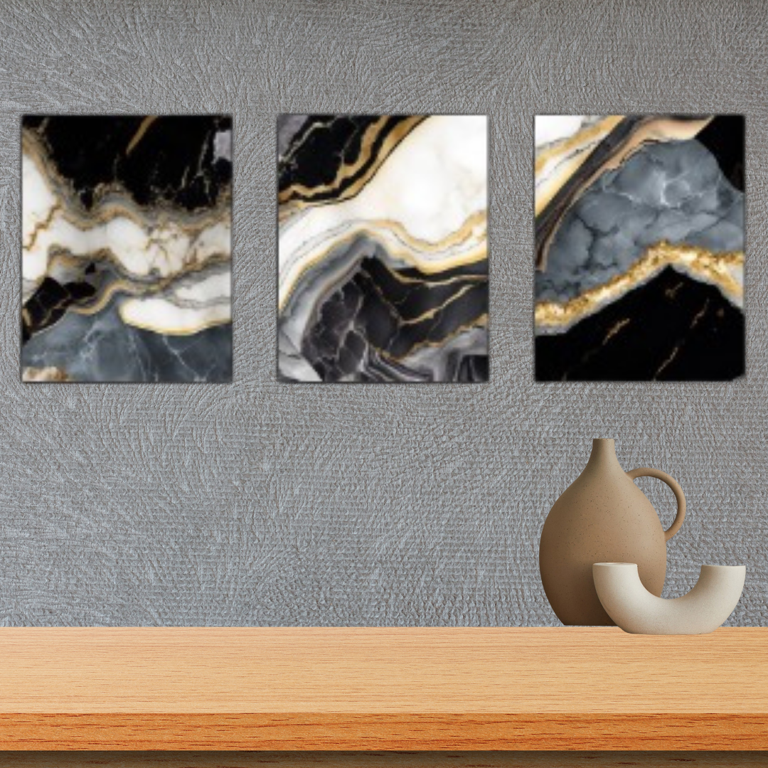 Mdf Visual Quadros Moderno Mdf Adesivado Marmorizado Preto Branco Dourado 45x35cm ...