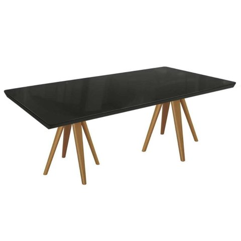 Mesa de Sala Jantar Duna Madeira Maciça C/ Tampo Madeirado C/ Vidro 200x100cm Carvalho/preto Fosco