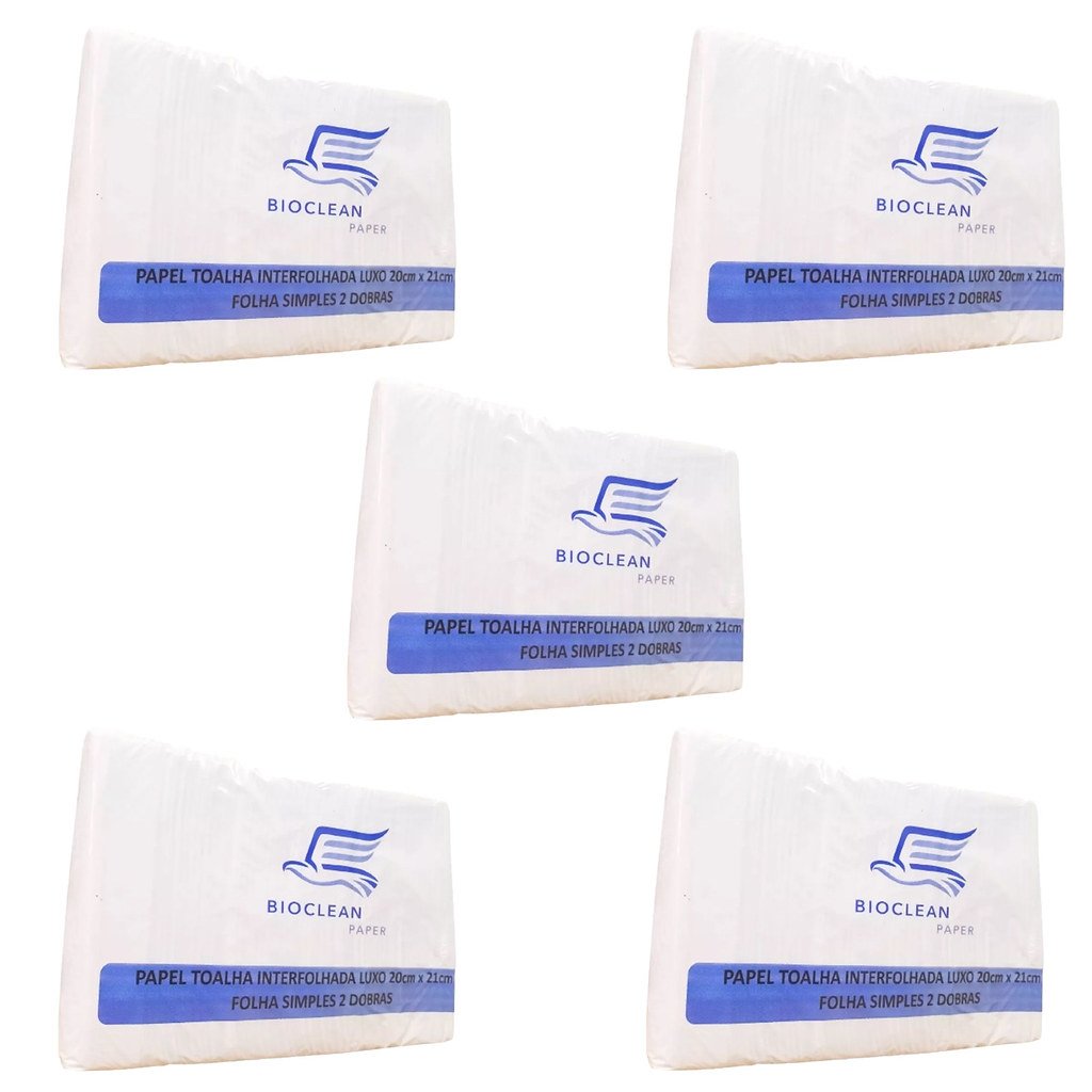 5 Pacotes Papel Toalha Interfolhado 20 X 21 Cm Pacote 1000 Folhas Bioclean Paper Luxo Branco - Kit 5