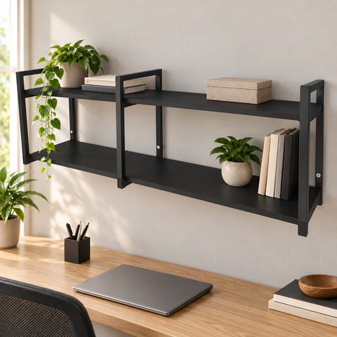 Prateleira Industrial Escritório 120cm MDF Branco Aço Preto e-Nichos