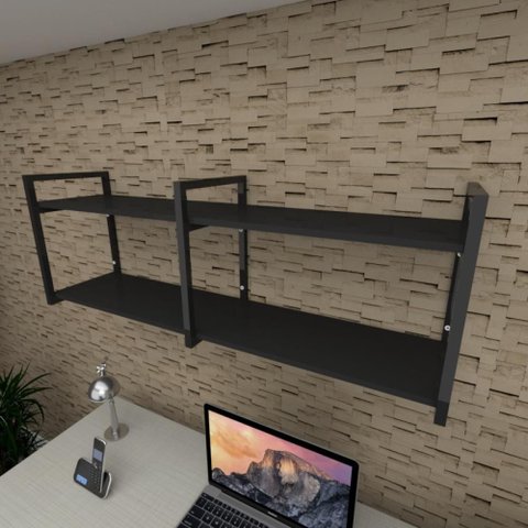 Prateleira Industrial Escritório 120cm MDF Branco Aço Preto e-Nichos