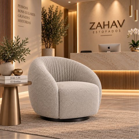 Poltrona Giratória 360° Orgânica Bouclé Sala Recepção Nuvem:Bouclê/Cinza