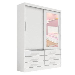 Guarda Roupa Solteiro 2 Portas e 6 Gavetas com Espelho Cor:branco