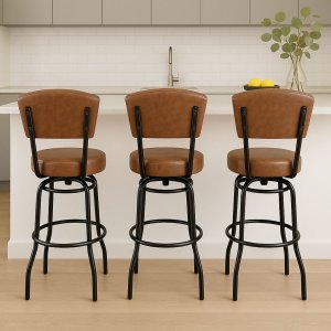 Banqueta Alta Bar Giratória com Encosto Cor Preta Assento Grosso Confortável Cor Whisky Kit 3 Peças