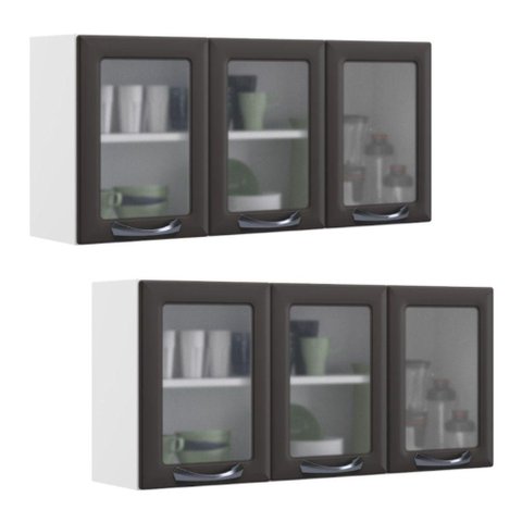 Kit 2 Armários Aéreos Multiuso Itatiaia Aço 3 Portas Com Vidro New Premium Cozinha e Área de