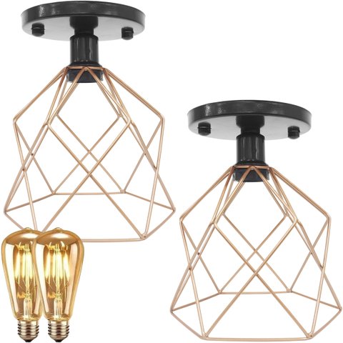 2 Lustre Teto Plafon + 2 Lâmpada Led St64 Industrial Aramado Cálice Retrô Luminária Vintage - Preto/