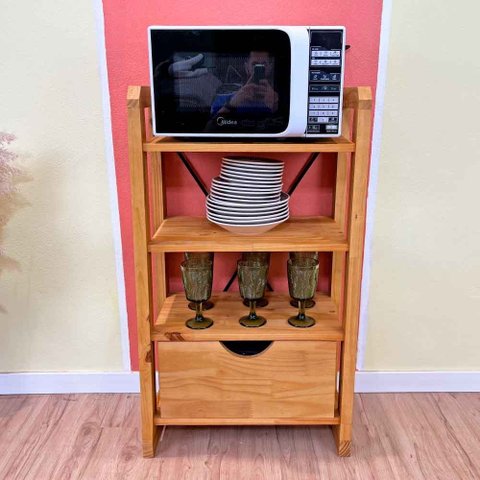 Aparador de Madeira Pinus Linea de 4 Prateleiras Slim com Gaveta Nozes