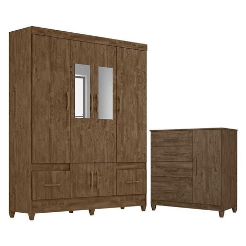 Guarda Roupa Casal Ms912 com Espelho e Cômoda Vênus com Pés Castanho Wood – Moval