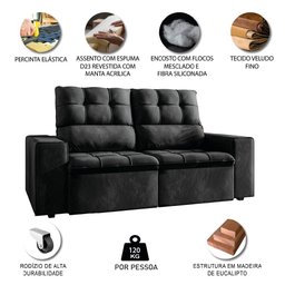 Sofá Retrátil e Reclinável 2 Lugares 1,80m Veludo Malibu Preto Selmer - 4