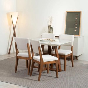 Conjunto de Jantar Mesa com Vidro Bennett 4 Cadeiras Ella - Natural C/ Off White