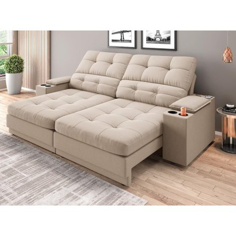 Sofá com Porta Copos e Carregador Usb Eureka 2,00m Assento Retrátil e Reclinável Velosuede -