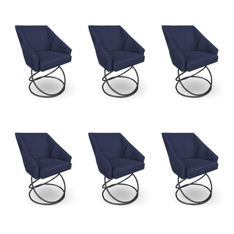Kit 6 Poltronas Luxo Alana Suede Azul Marinho Base Luxo Preto - Pallazio