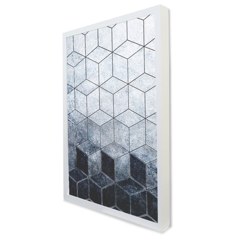 Quadro Decorativo Caixa Geométrico Cubos Azul Tacolado Moldura Caixa 3cm Madeira com Vidro 60 X 90cm
