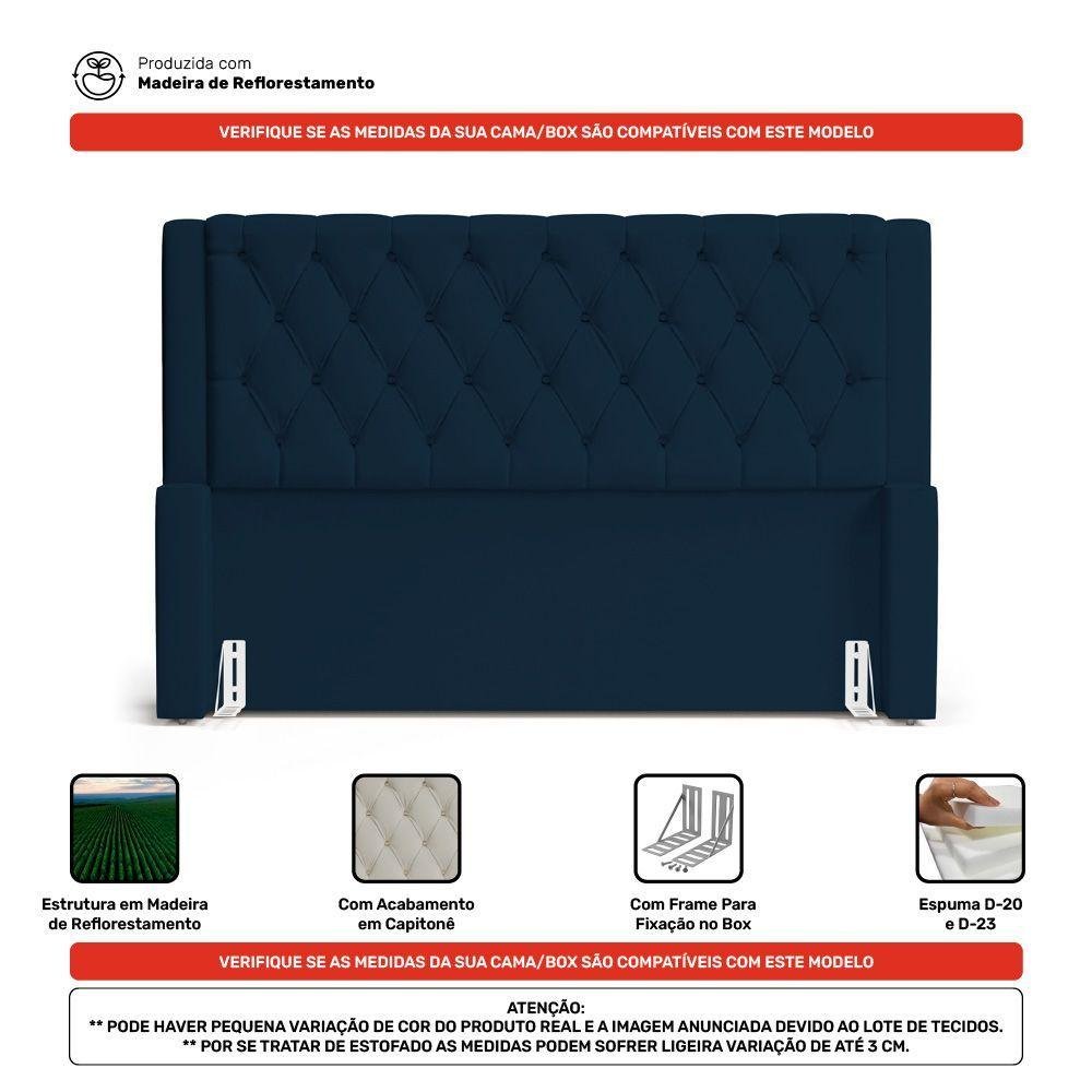 Cabeceira e Calçadeira Báu King Size Atena 195cm Capitonê Veludo Azul Marinho - Desk Design - 8