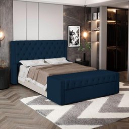 Cabeceira e Calçadeira Báu King Size Atena 195cm Capitonê Veludo Azul Marinho - Desk Design - 2