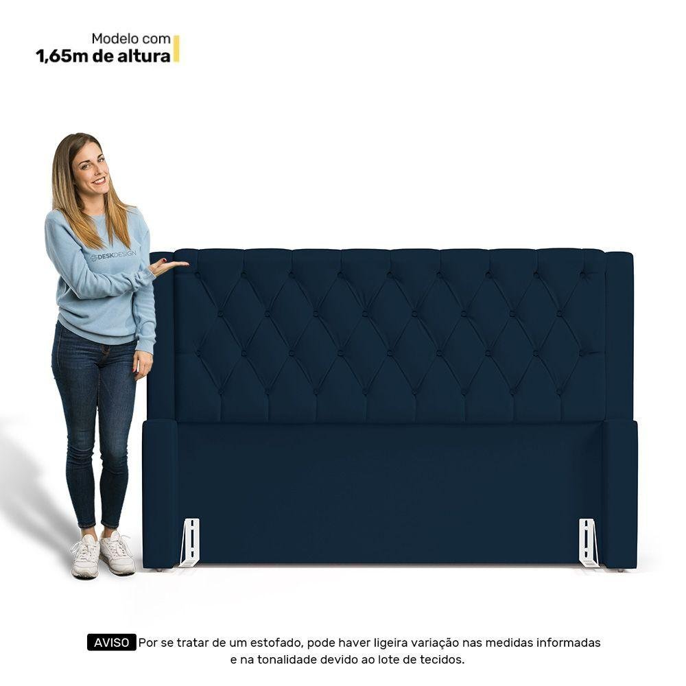 Cabeceira e Calçadeira Báu King Size Atena 195cm Capitonê Veludo Azul Marinho - Desk Design - 7