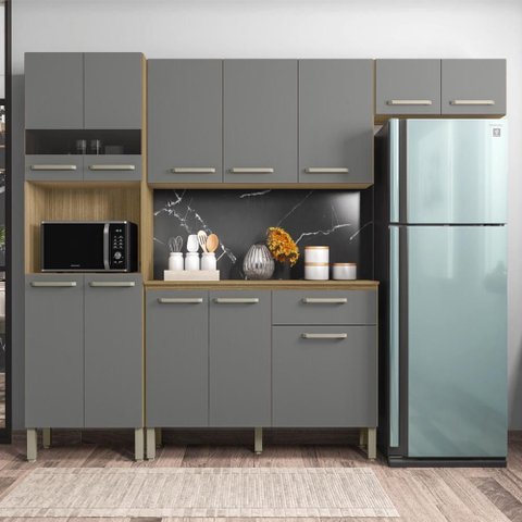 Armário de Cozinha Compacta 12 Portas 1 Gaveta com Balcão London - Freijó/gris