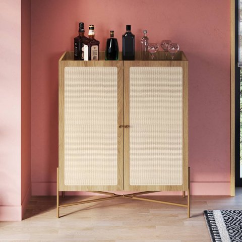 Armário Cristaleira Bar 2 Portas 93cm Palhinha Pé Metálicos 28929 Oslo Artesano - Nero/dourado