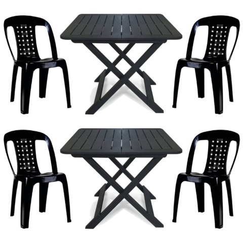 2 Mesas Quadradas Dobráveis 80cm Preta + 4 Cadeiras Vime Empilhável