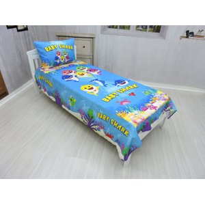 Jogo De Lençol Cobre Leito E Fronha Baby Shark Azul Kit 2pçs