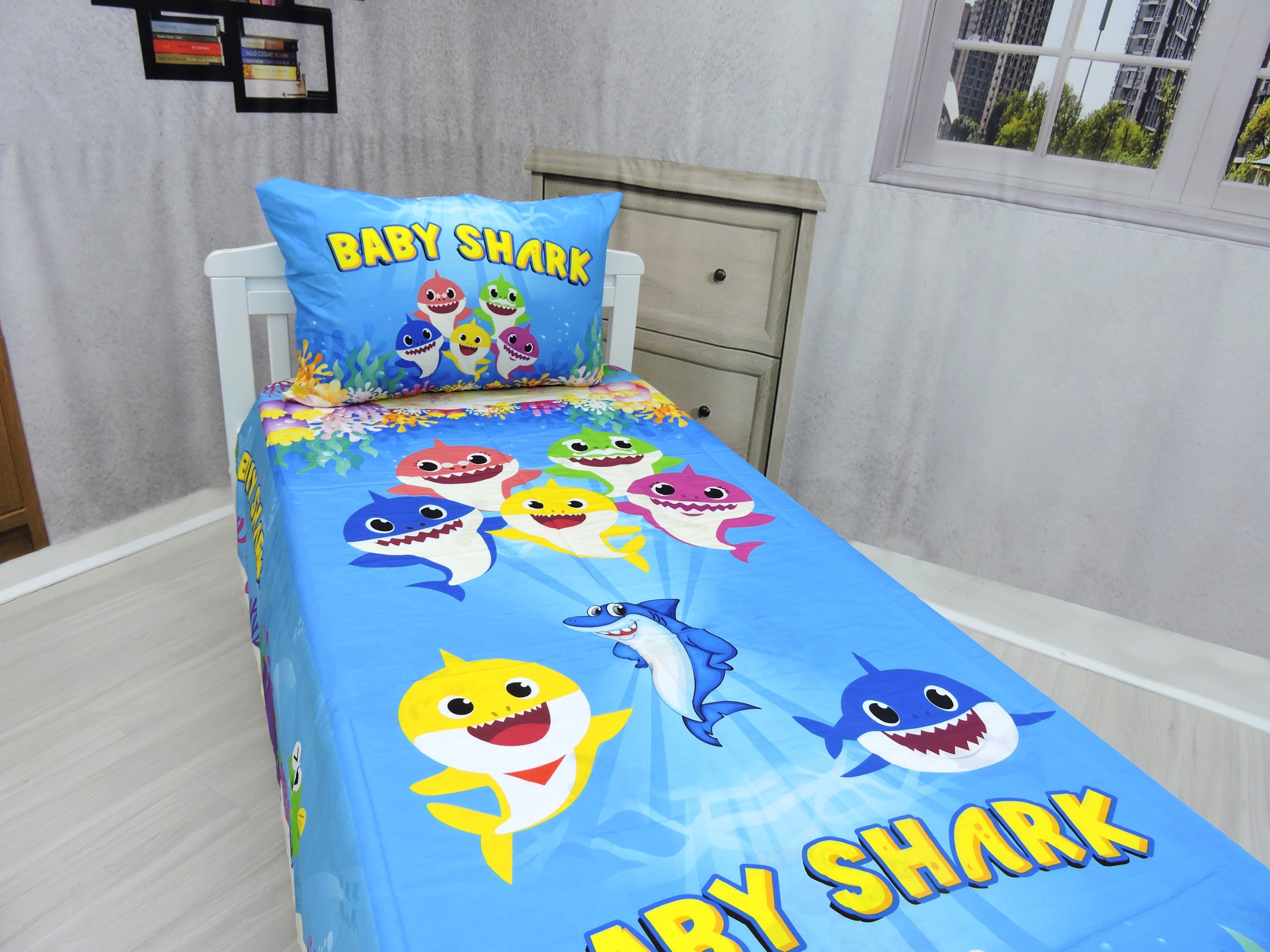 Jogo De Lençol Cobre Leito E Fronha Baby Shark Azul Kit 2pçs - 2