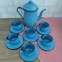 Ver imagem 2 de Kit Bule De Café E Chá Com 6 Xícaras e Pires Aço Esmaltado Azul