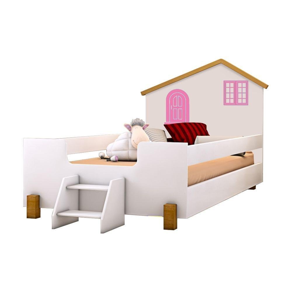 Cama Solteiro Casinha Branco Mel e Rosa com 2 Luminárias - 6