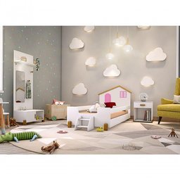 Cama Solteiro Casinha Branco Mel e Rosa com 2 Luminárias - 1