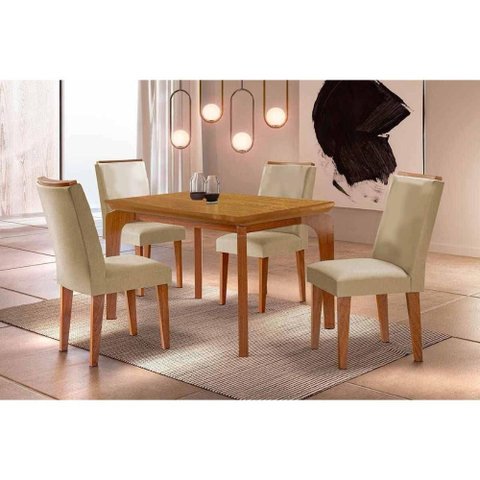 Conjunto: Mesa Sala Jantar Londrina Curvo 120cm + 4 Cadeiras Dakota Naturale - Suede Creme Rufato