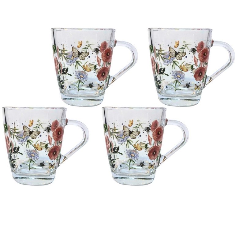 Jogo 4 Canecas Vidro Quadrada para Chá Cappuccino 300ml - Borboleta Jogo 4 Canecas Vidro Quadrada para Chá Cappuccino 300ml - Borboleta