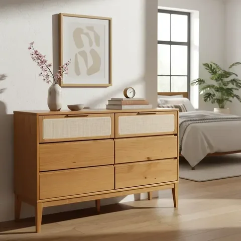 Cômoda 6 Gavetas Madeira Maciça com Telinha Rattan Viena Mel