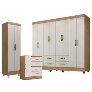 Guarda Roupa Casal Porto com Cômoda 4 Gavetas e 1 Porta e Armário Multiuso Lite Nature Off White – L