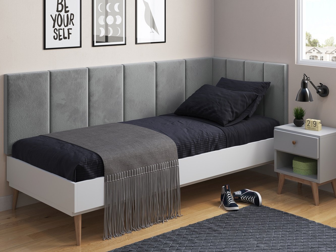 Cabeceira em L para Cama Box Solteiro Proteção Lateral Estofada - Cinza Suede