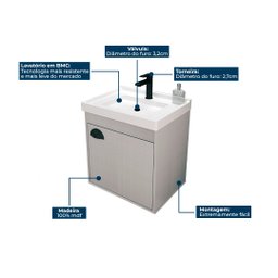 Gabinete Armario para Banheiro 100% MDF com Cuba - Cremona Lineo 40cm - 2