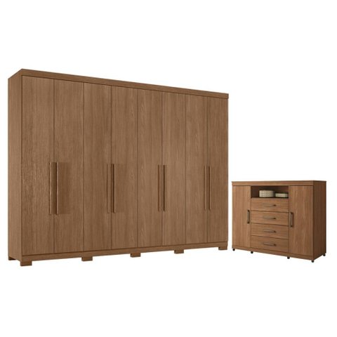 Guarda Roupa Casal 8 Portas 4 Gavetas Master New com Pés e Cômoda Havana Master com Rodizio Jatobá a