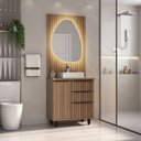 Ver imagem 1 de Conjunto Cecília com Pés 78cm Painel Ripado Espelho Led e Cuba Branca - Fabribam