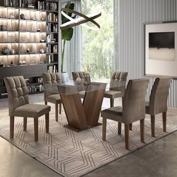 Conjunto Mesa de Jantar Classic Tampo de Vidro 6 Cadeiras Vitória Cel Móveis - 1 Conjunto Mesa de Jantar Classic Tampo de Vidro 6 Cadeiras Vitória Cel Móveis - 1