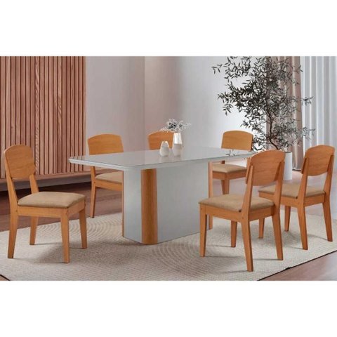 Conjunto: Mesa Sala Jantar Pietá C/ Tampo Madeirado C/ Vidro Canto Curvo 180x90cm e 6 Cadeiras
