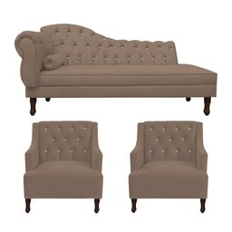 Kit Divã Cancun 185cm Braço Direito + 2 Poltronas Genesis com Strass Suede: Capuccino - 1
