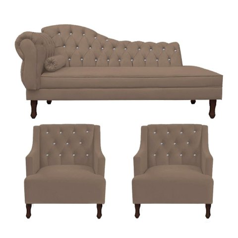 Kit Divã Cancun 185cm Braço Direito + 2 Poltronas Genesis com Strass Suede: Capuccino