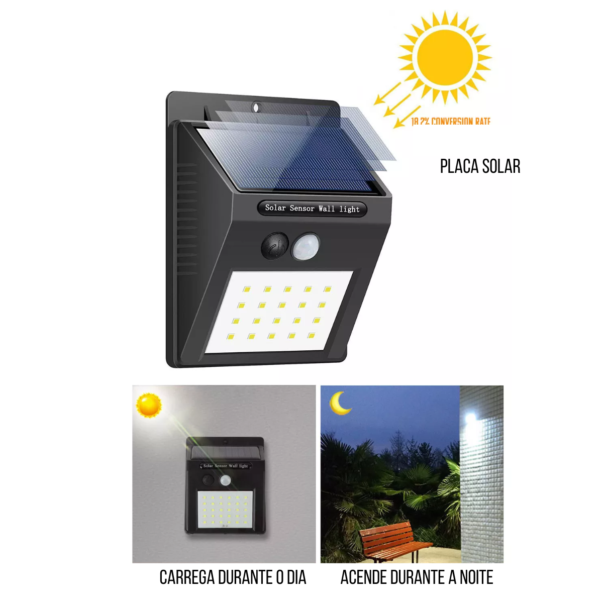 Kit 2 Arandelas Lâmpada Solar 6W 30 Leds Externa Com Sensor De Presença Movimento Para Paredes Muros - 3