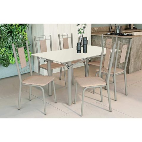 Sala de Jantar Completa Elba Tampo Madeirado C/ Vidro 160cm e 6 Cadeiras Florença Niquel/off White
