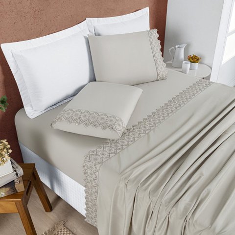 Conjunto de Lencol Casal King Size London Bordado Inglês 200 Fios 04 Pçs:caqui