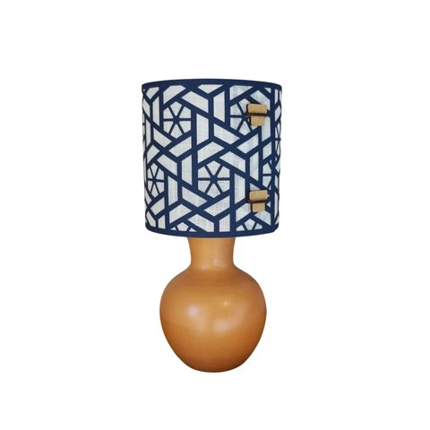 Abajur Mesa Base Cerâmica Rústica e Cúpula Arabescos Azul Escuro Bivolt