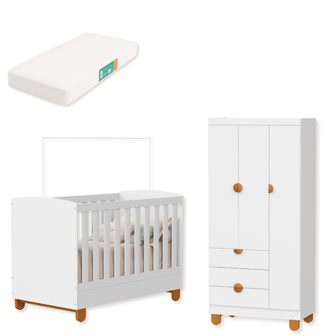 Quarto de Bebe Berço Americano + Guarda Roupa Infantil 3P 3g Apolo com Colchão Branco Fosco