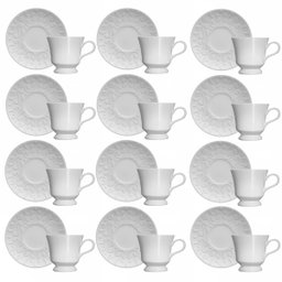 Conjunto 12 Xícaras de Café com Pires 80ml Porcelana em Relevo Tassel Germer Branco - 1