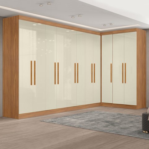 Guarda-Roupa Modulado de Canto com Puxadores MDF Paris Off White/Cinamomo