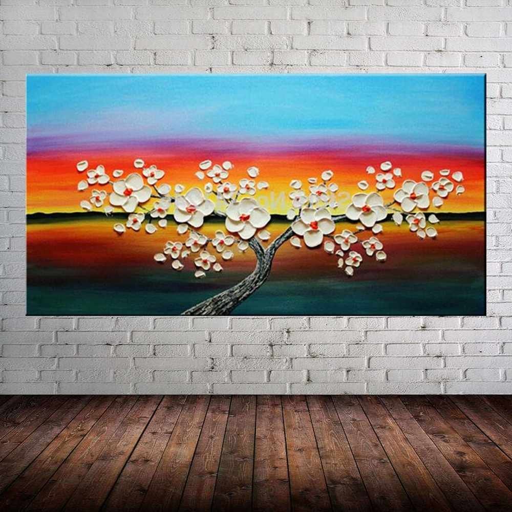 Quadro Pintura Tela Arvores e Flores Modernas Em Altos Relevos 2066: 50cm (A) x 100cm (L) - 1