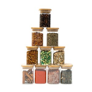 Kit 10 Potes de Vidro 200ml Tampa de Bambu Herméticos Quadrados - Tüd