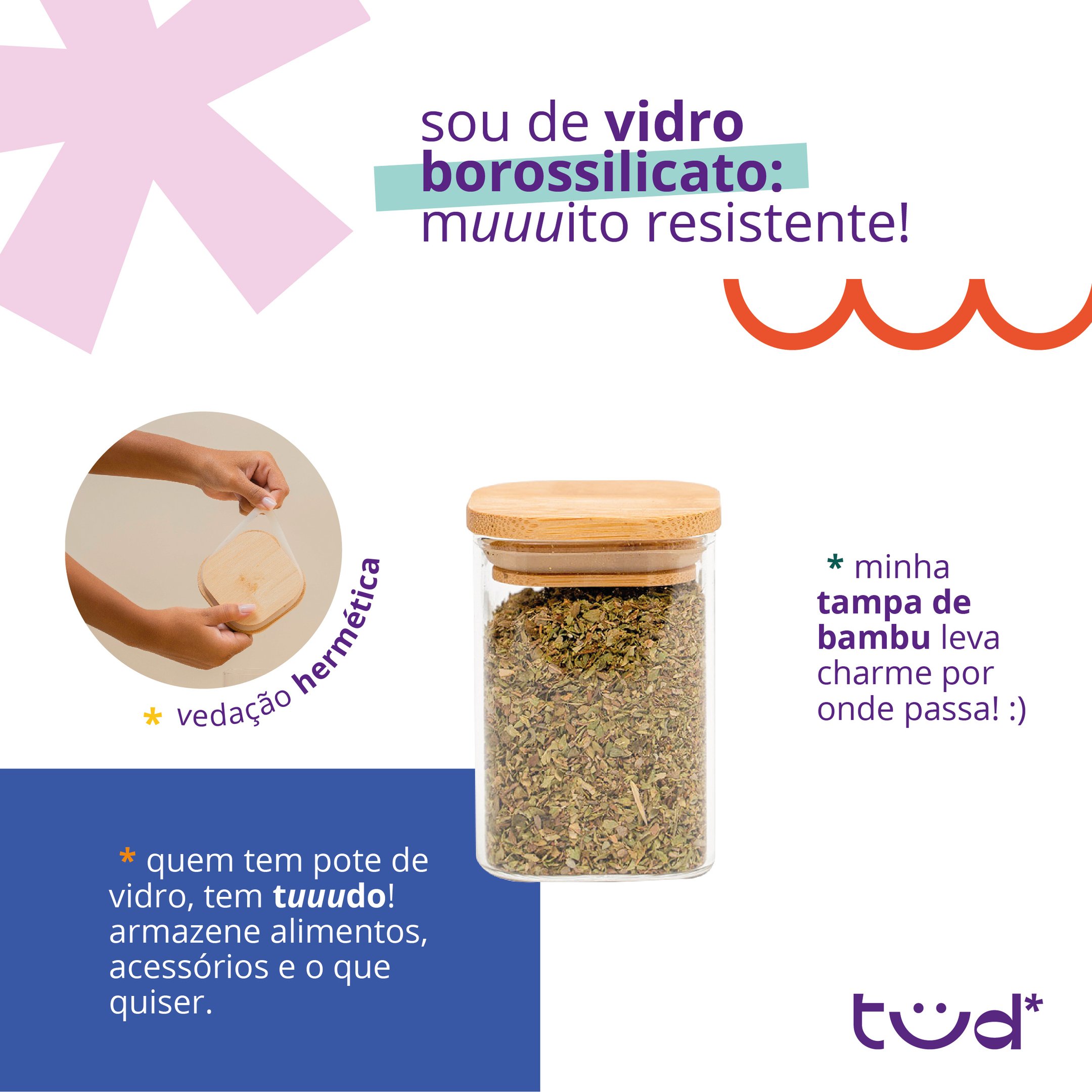 Kit 10 Potes de Vidro 200ml Tampa de Bambu Herméticos Quadrados - Tüd - 4